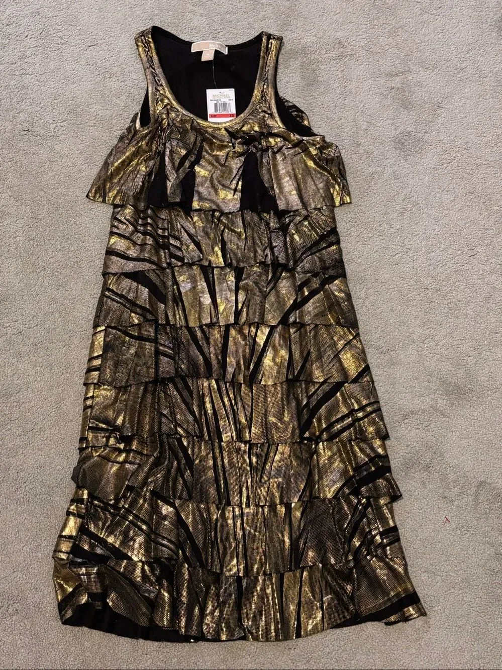 Nwt Michael Kors Metallic Gold Ruffle Flounce Tiered Ruffle cocktail Dress Xs Ne